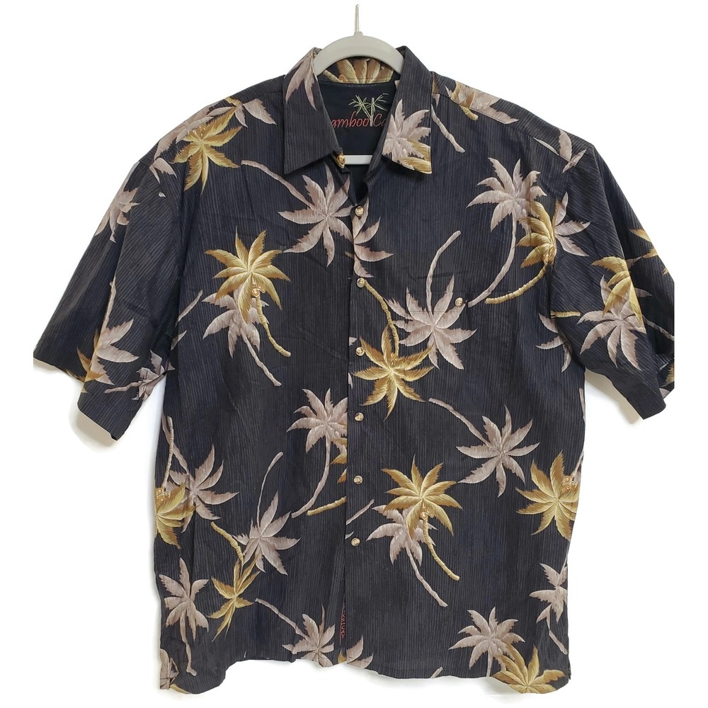 Bamboo Cay Shirt Mens Large‎ Black Palm Tree Hawaiian Button Up Tropical Beach